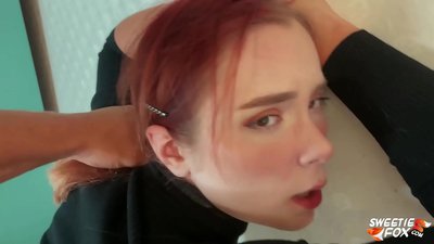 Man Fucked in the Mouth and Pussy Obedient Redheaded Skimpy and Cum on Tits